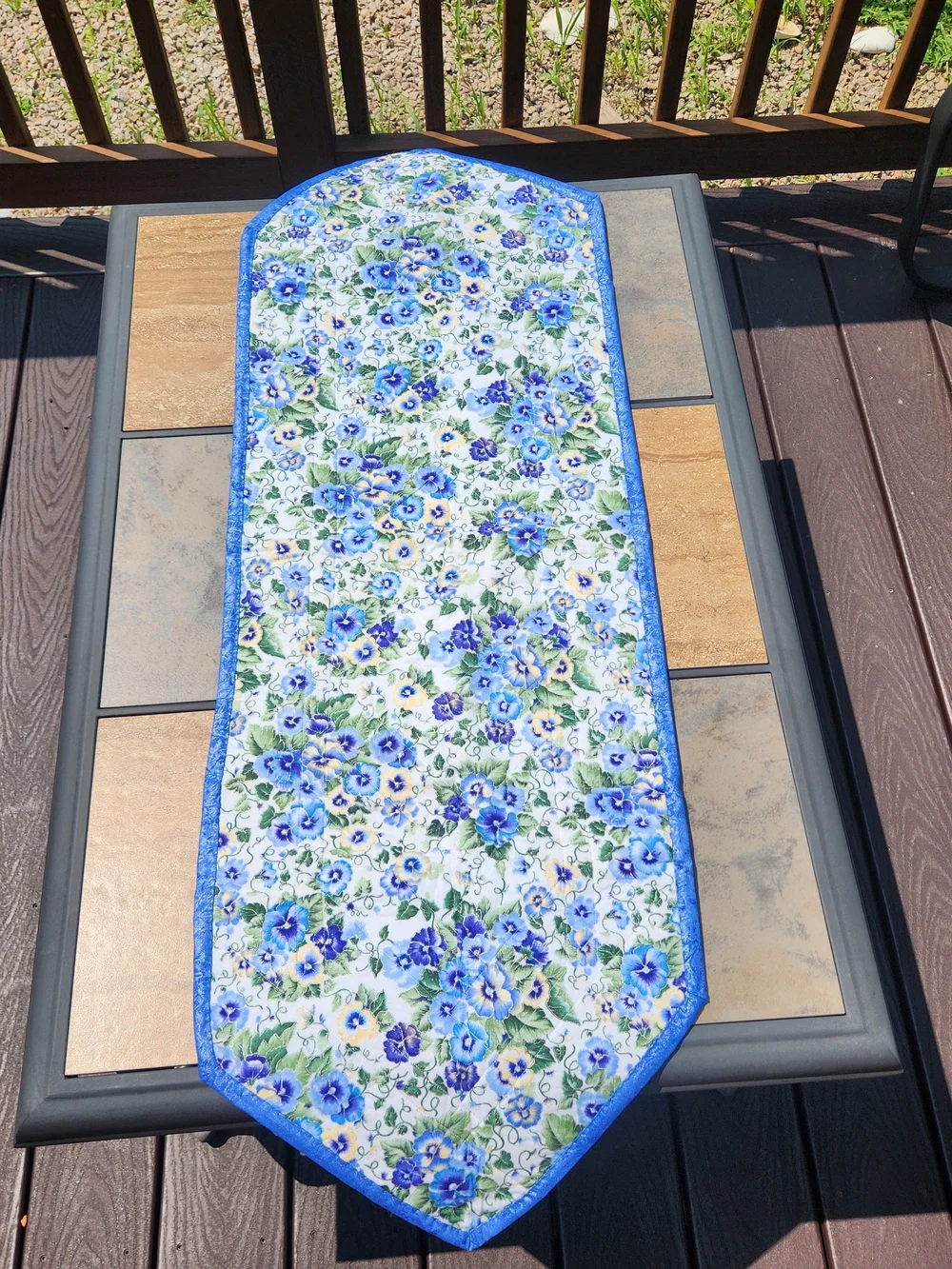 Handcrafted Blue & White Floral Quilted Reversible Table Runner with Pansies